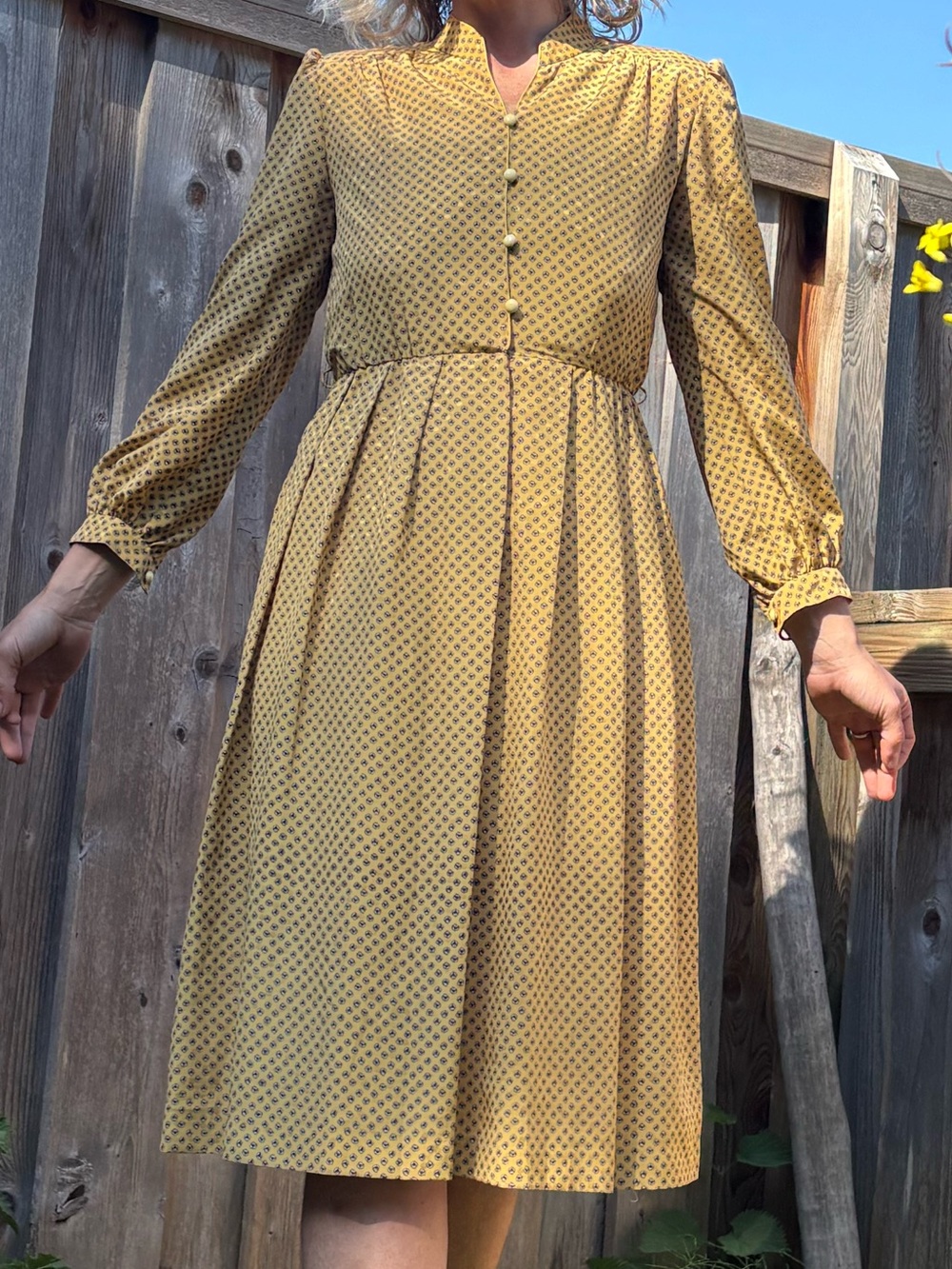 Chalet Blanc VINTAGE Rare Mustard Yellow Silky Satin Geometric Midi Dress
